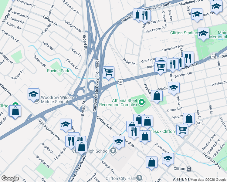 map of restaurants, bars, coffee shops, grocery stores, and more near 709 U.S. 46 in Clifton