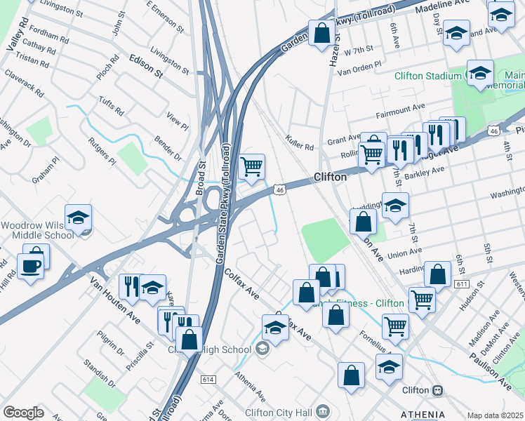 map of restaurants, bars, coffee shops, grocery stores, and more near 709 U.S. 46 in Clifton