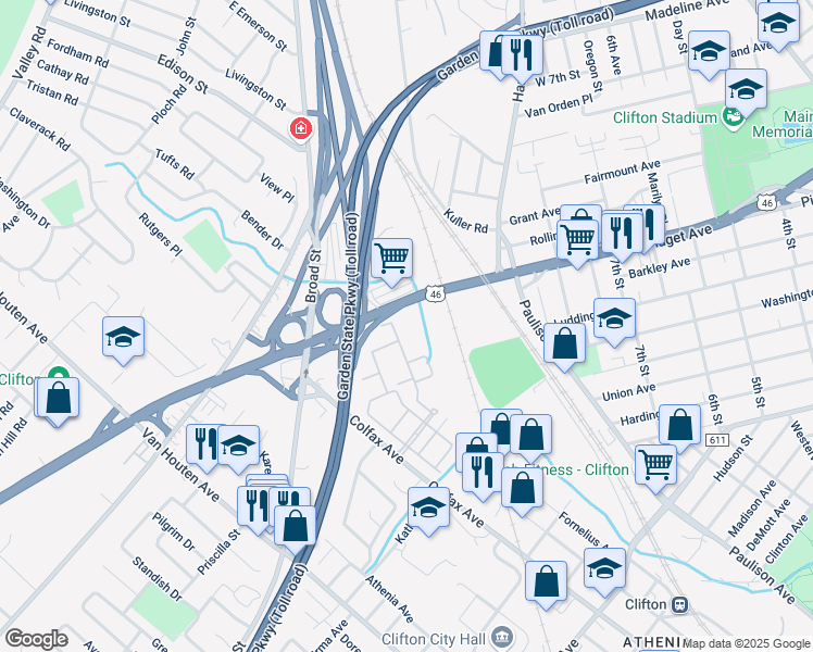 map of restaurants, bars, coffee shops, grocery stores, and more near 709 U.S. 46 in Clifton