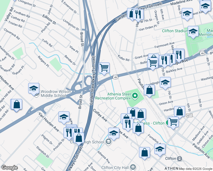 map of restaurants, bars, coffee shops, grocery stores, and more near 709 U.S. 46 in Clifton