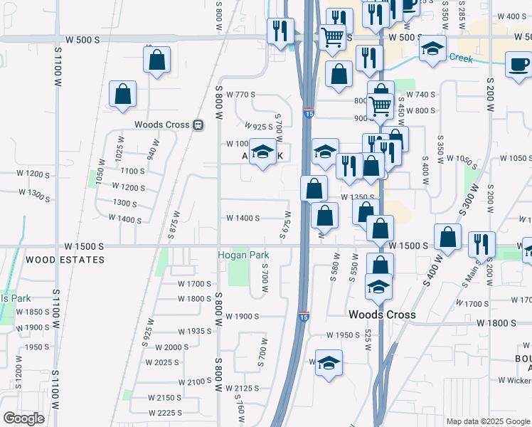 map of restaurants, bars, coffee shops, grocery stores, and more near 730 West 1400 South in Woods Cross