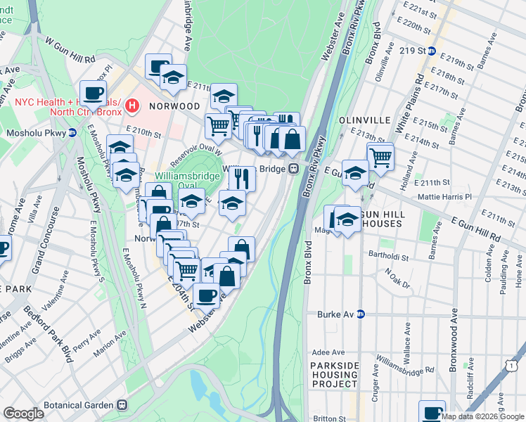 map of restaurants, bars, coffee shops, grocery stores, and more near in The Bronx