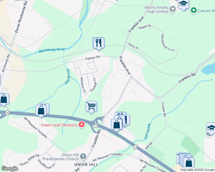 map of restaurants, bars, coffee shops, grocery stores, and more near 3305 Scenic Court in Denville