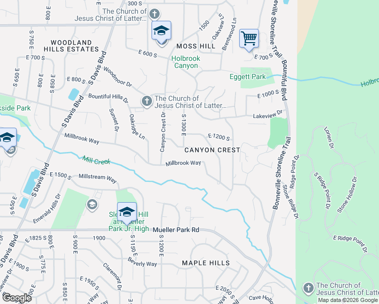 map of restaurants, bars, coffee shops, grocery stores, and more near 1298u Canyon Park Road in Bountiful