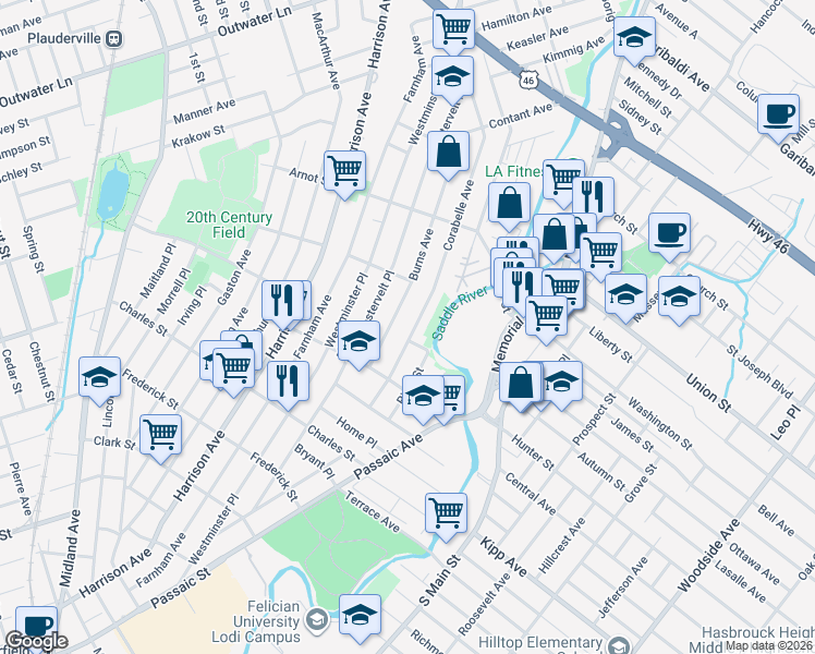 map of restaurants, bars, coffee shops, grocery stores, and more near 55 Corabelle Avenue in Lodi