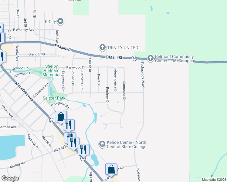 map of restaurants, bars, coffee shops, grocery stores, and more near 67 Renfrew Drive in Shelby
