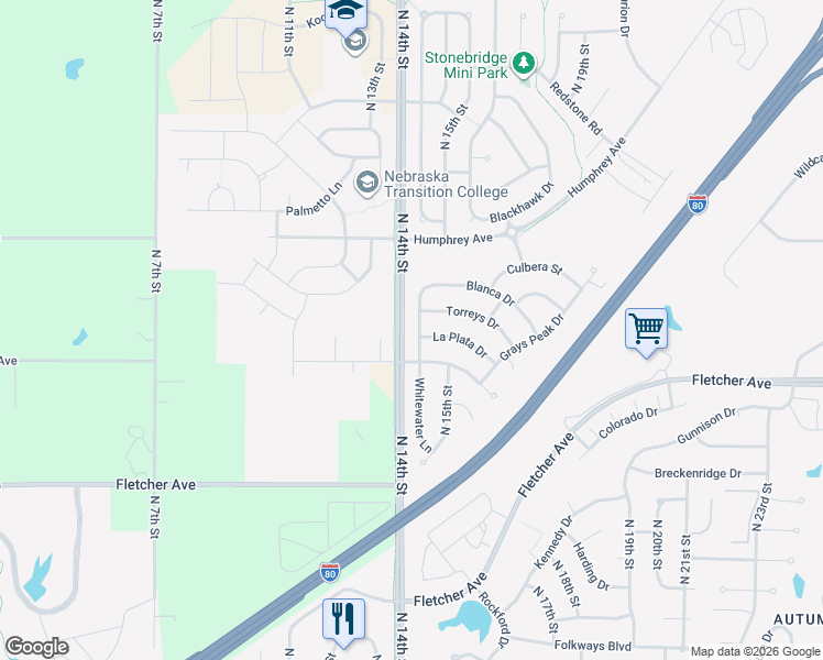 map of restaurants, bars, coffee shops, grocery stores, and more near 6455 Whitewater Lane in Lincoln