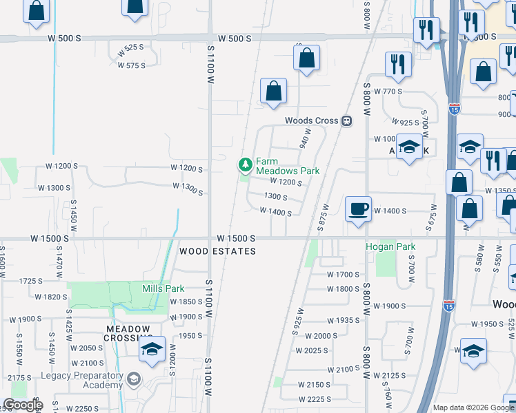 map of restaurants, bars, coffee shops, grocery stores, and more near 1032 West 1400 South in Woods Cross