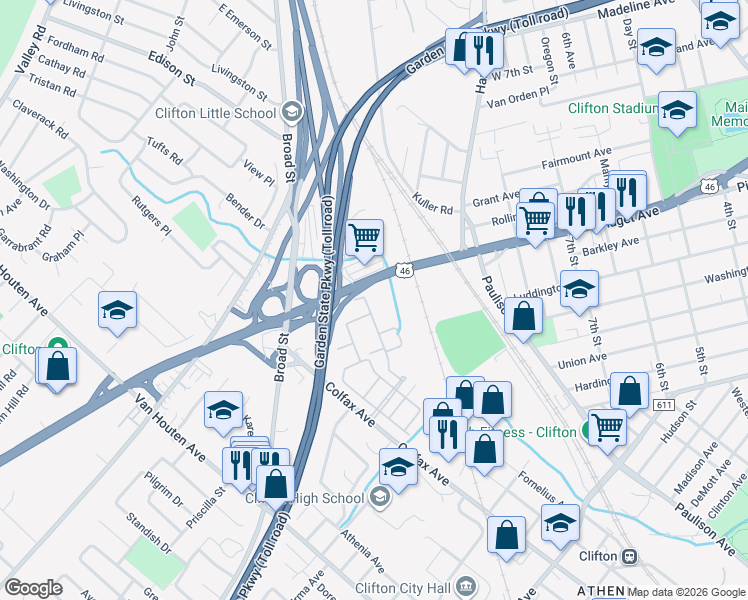 map of restaurants, bars, coffee shops, grocery stores, and more near 709 U.S. 46 in Clifton