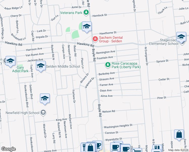map of restaurants, bars, coffee shops, grocery stores, and more near 140 Boyle Road in Selden