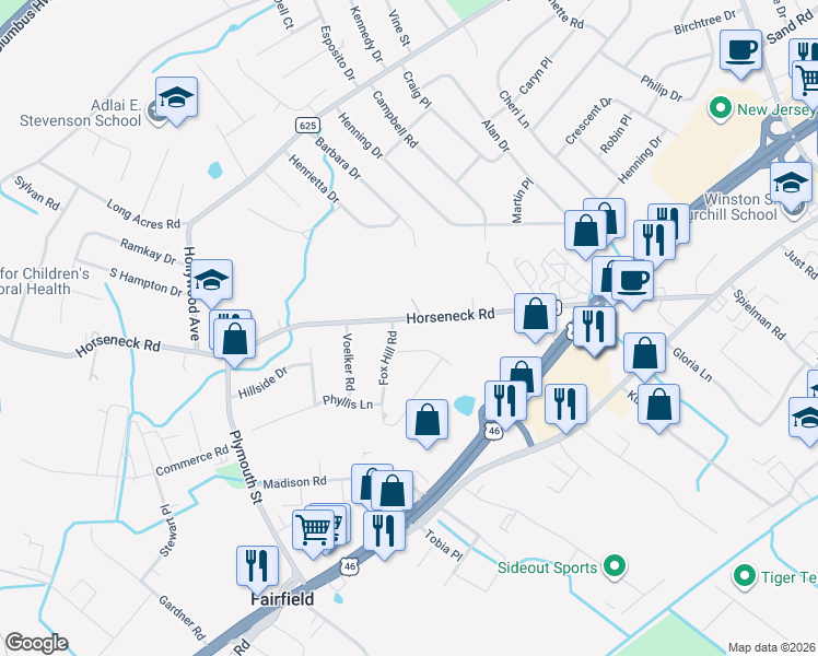 map of restaurants, bars, coffee shops, grocery stores, and more near 1 Fox Hill Road in Fairfield