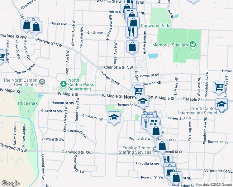 map of restaurants, bars, coffee shops, grocery stores, and more near 119 Mohler Court Northwest in North Canton