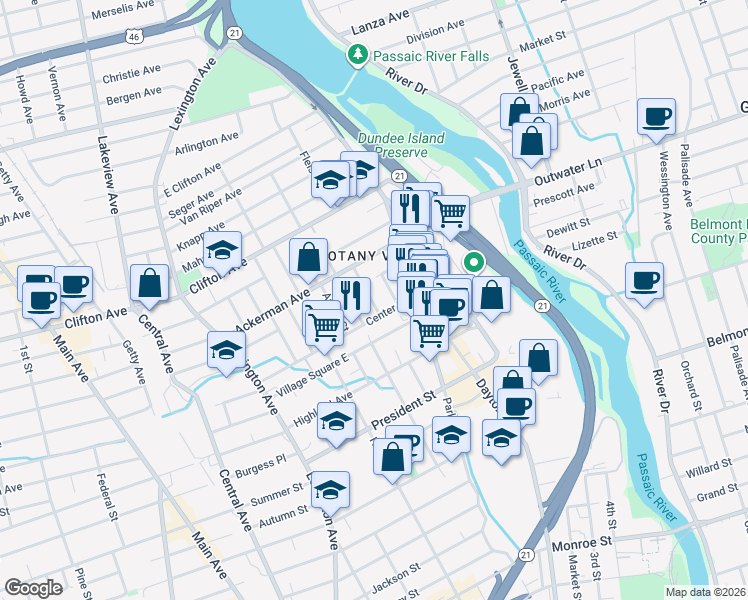 map of restaurants, bars, coffee shops, grocery stores, and more near 19 James Street in Clifton