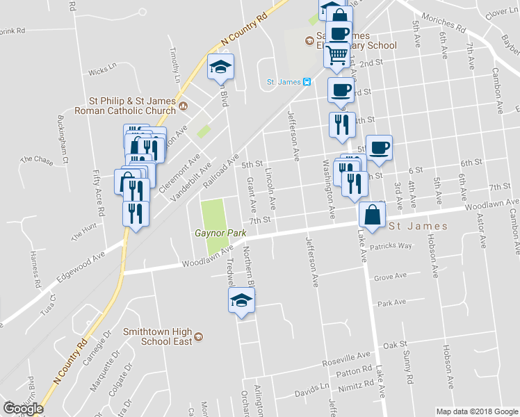 map of restaurants, bars, coffee shops, grocery stores, and more near 239 Grant Avenue in St. James