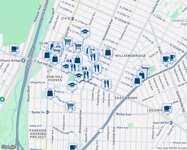 map of restaurants, bars, coffee shops, grocery stores, and more near 934 East 212th Street in Bronx