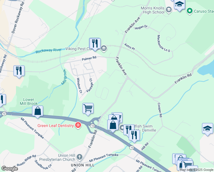map of restaurants, bars, coffee shops, grocery stores, and more near 3404 Scenic Court in Denville