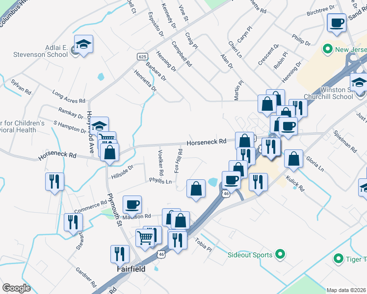 map of restaurants, bars, coffee shops, grocery stores, and more near 1 Fox Hill Road in Fairfield
