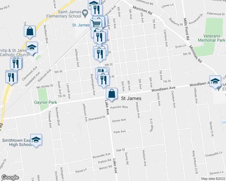 map of restaurants, bars, coffee shops, grocery stores, and more near 229 1st Avenue in Saint James