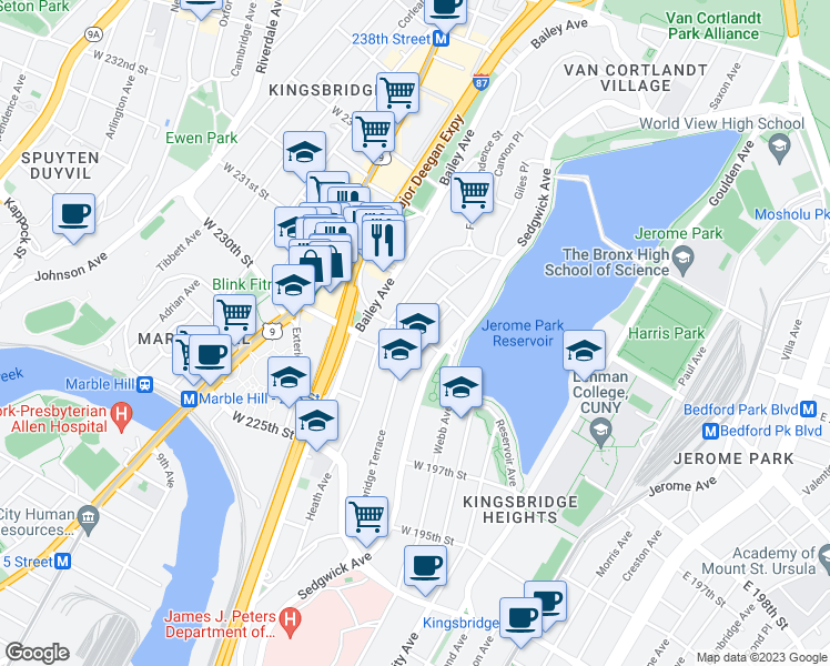 map of restaurants, bars, coffee shops, grocery stores, and more near W 231st St & Kingsbridge Terrace in Bronx