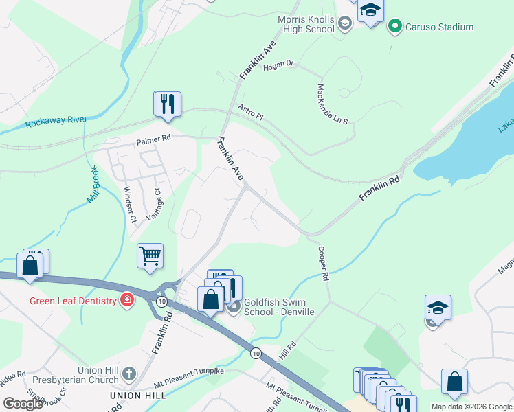 map of restaurants, bars, coffee shops, grocery stores, and more near 355 Franklin Road in Denville