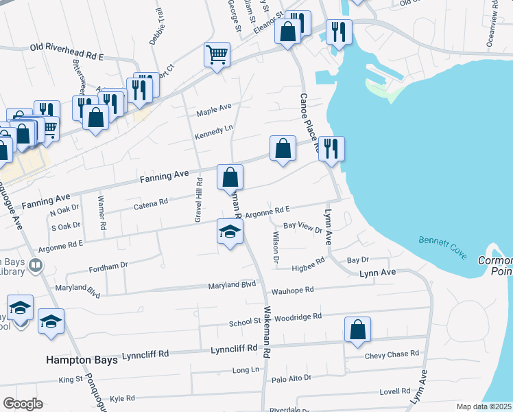 map of restaurants, bars, coffee shops, grocery stores, and more near 33 Carter Road in Hampton Bays