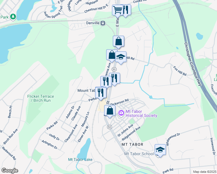 map of restaurants, bars, coffee shops, grocery stores, and more near 475 East Main Street in Denville