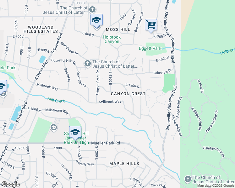 map of restaurants, bars, coffee shops, grocery stores, and more near 1364 Canyon Park Road in Bountiful
