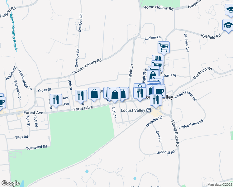 map of restaurants, bars, coffee shops, grocery stores, and more near 41 5th Street in Locust Valley
