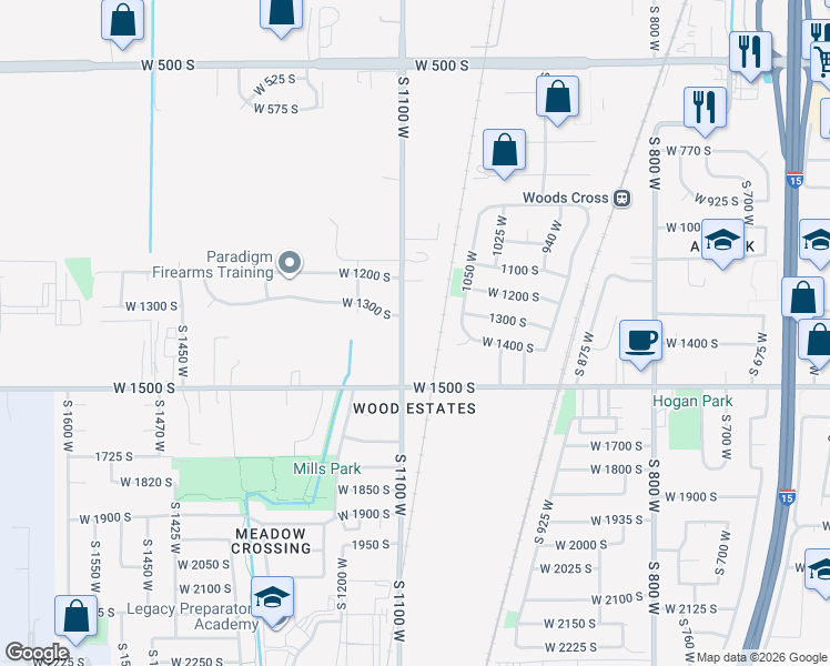 map of restaurants, bars, coffee shops, grocery stores, and more near 1306 South 1100 West in Woods Cross