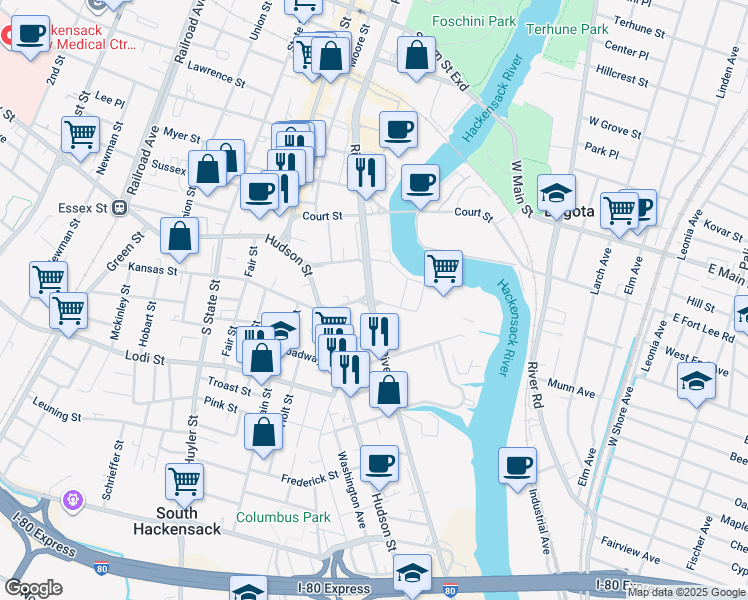 map of restaurants, bars, coffee shops, grocery stores, and more near 61 East Kansas Street in Hackensack