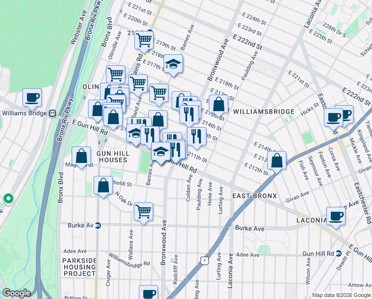 map of restaurants, bars, coffee shops, grocery stores, and more near in The Bronx