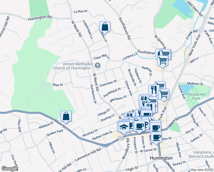 map of restaurants, bars, coffee shops, grocery stores, and more near 50 Clearview Street in Huntington