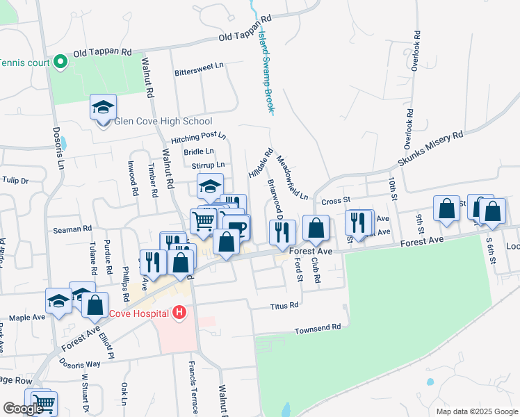 map of restaurants, bars, coffee shops, grocery stores, and more near 18 Driftwood Drive in Glen Cove