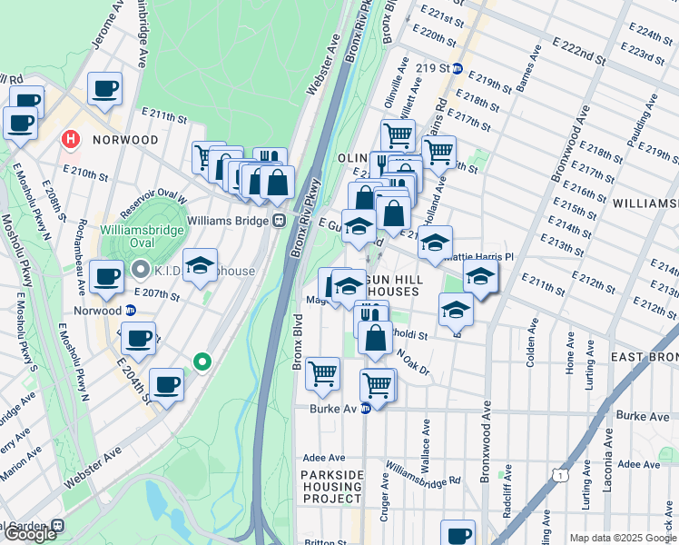 map of restaurants, bars, coffee shops, grocery stores, and more near 679 Duncomb Avenue in Bronx