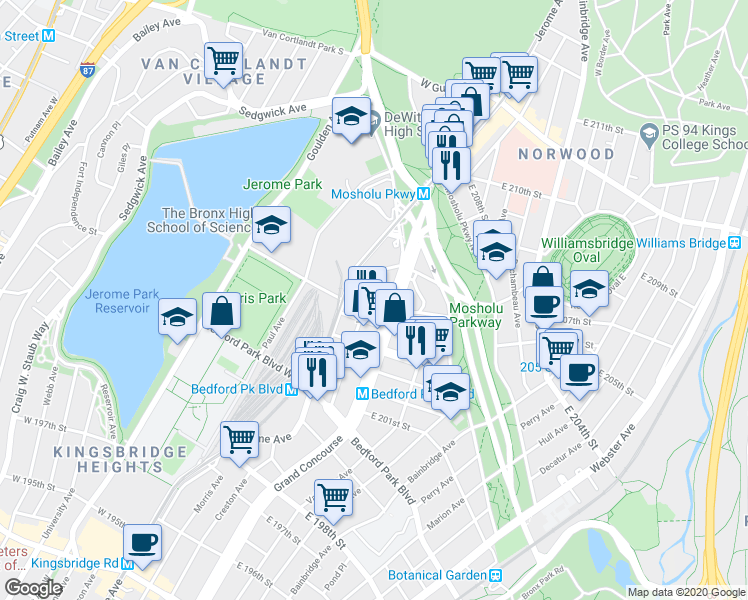 map of restaurants, bars, coffee shops, grocery stores, and more near 3183 Villa Avenue in The Bronx