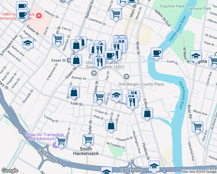 map of restaurants, bars, coffee shops, grocery stores, and more near 61 East Kansas Street in Hackensack