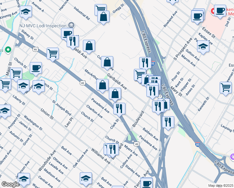 map of restaurants, bars, coffee shops, grocery stores, and more near 1 MacArthur Avenue in Lodi