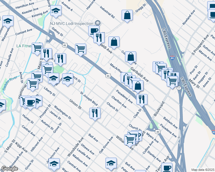 map of restaurants, bars, coffee shops, grocery stores, and more near 12 Pasadena Avenue in Lodi