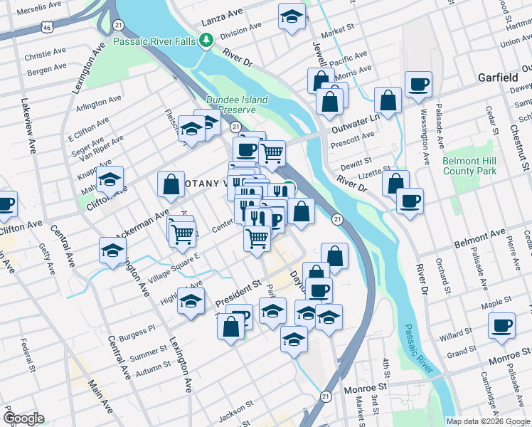 map of restaurants, bars, coffee shops, grocery stores, and more near 2 Lake Avenue in Clifton