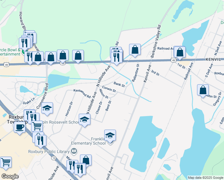 map of restaurants, bars, coffee shops, grocery stores, and more near 20 Corwin Street in Roxbury Township