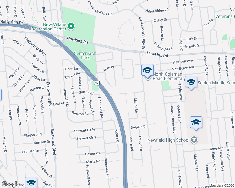 map of restaurants, bars, coffee shops, grocery stores, and more near 19 Lake Grove Street in Centereach