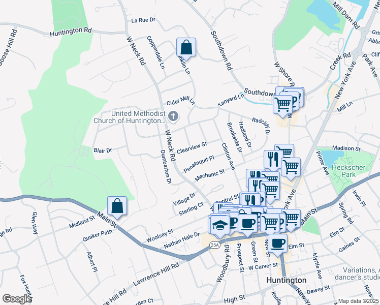 map of restaurants, bars, coffee shops, grocery stores, and more near 50 Clearview Street in Huntington
