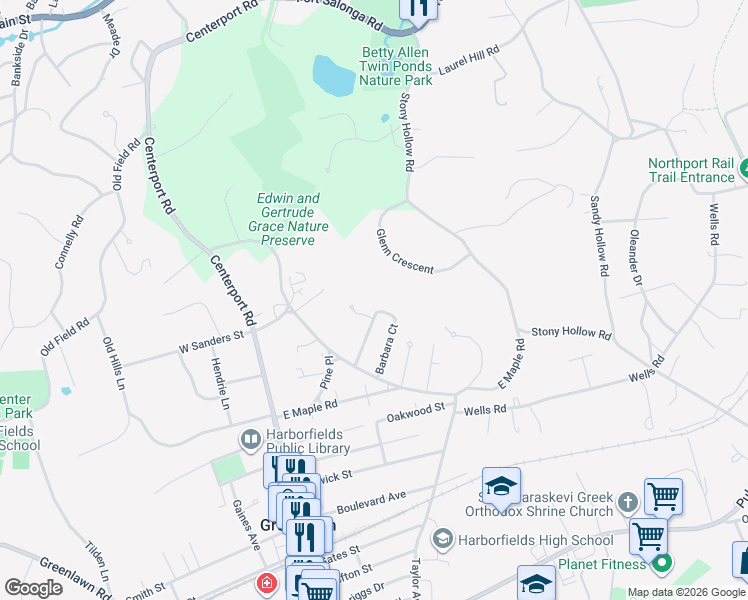 map of restaurants, bars, coffee shops, grocery stores, and more near 22 Barbara Court in Greenlawn