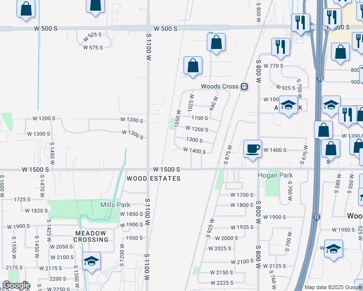 map of restaurants, bars, coffee shops, grocery stores, and more near 1032 West 1400 South in Woods Cross