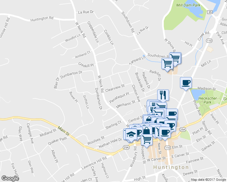 map of restaurants, bars, coffee shops, grocery stores, and more near 50 Clearview Street in Huntington