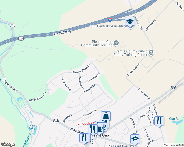 map of restaurants, bars, coffee shops, grocery stores, and more near 267-285 Steeplechase Drive in Bellefonte