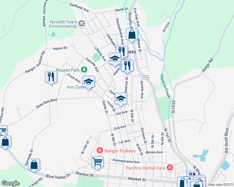 map of restaurants, bars, coffee shops, grocery stores, and more near 34 Dewey Street in Roseto