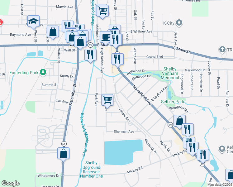 map of restaurants, bars, coffee shops, grocery stores, and more near 95 Franklin Avenue in Shelby