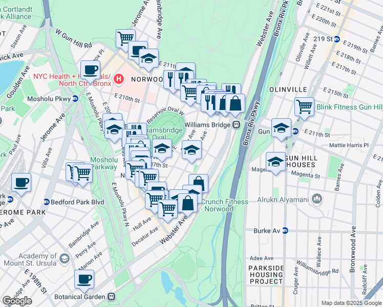 map of restaurants, bars, coffee shops, grocery stores, and more near 3279 Hull Avenue in The Bronx