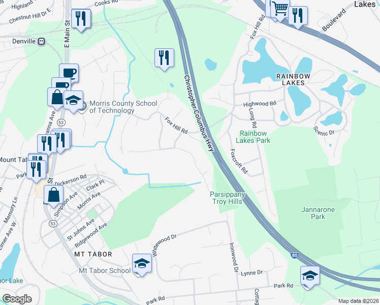 map of restaurants, bars, coffee shops, grocery stores, and more near 38 Fox Run in Denville